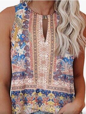 Boho Keyhole Sleeveless Camisole in Blue & Multicolor